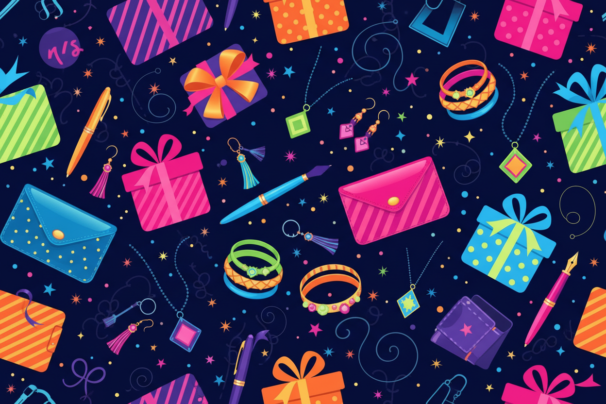 PODRÍAS CREAR UNA IMAGEN CON FONDO AZUL NAVY Y QUE TENGA PATRÓN DE CAJAS DE REGALOS, LLAVEROS, JOYERÍA, BOLÍGRAFOS, CARTERAS EN COLORES VIVOS COMO FUCSIA ANARANJADO 